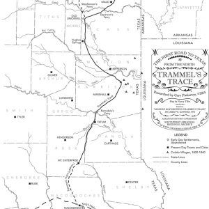 Political map showing parts of Texas Oklahoma and Arkansas with dotted lines and trail on it