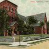 postcard showing tall brick church building with ivy growing on it