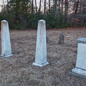 Obelisk shaped gravestones and pedestal shaped gravestone in cemetery