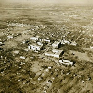 Aerial view college campus with surrounding buildings