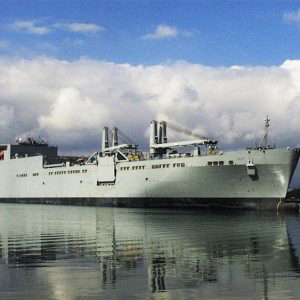 Large ship with two cranes on deck