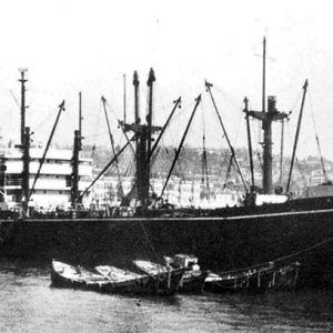 Ship in harbor with lifeboats floating nearby and shore in the background