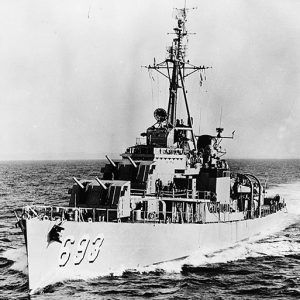 Guns on bow of Naval vessel 693 at sea