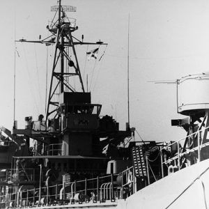 Close-up of deck and bridge tower of Naval ship