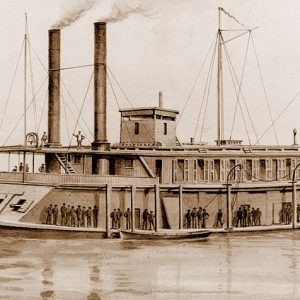 Naval steamboat on river with sailors on deck