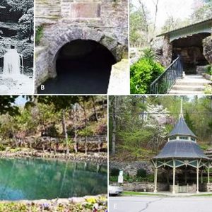 A. Two men at natural spring
B. Spring under brick arch
C. Spring with roof and steps
D. Spring pool
E. Gazebo over spring