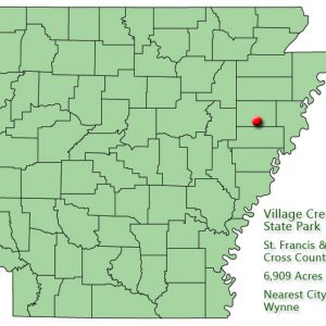 Map of Arkansas with red dot on the border of St. Francis and Cross Counties and explanation in green text