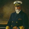 White man in Naval officer's uniform and cap with hand on sword