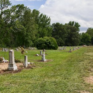 Gravestones in cemetery with trees in the background