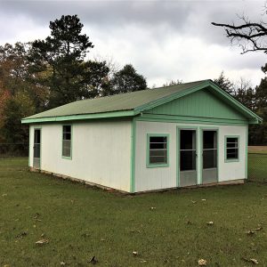 Green and white building with two front doors on grass