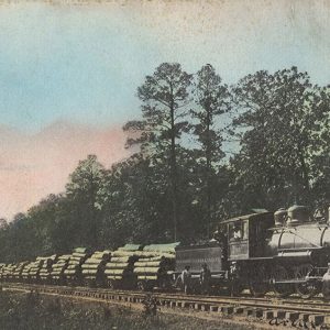 Steam train hauling lumber on railroad tracks