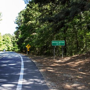 Green "Whelen Springs" road sign on right side of tree-lined two-lane highway