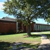 Single-story brick and glass library building and trees with walking path