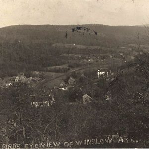 View looking down on town in tree covered valley