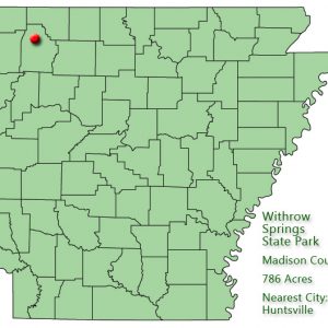 Map of Arkansas with red dot in Madison County and explanation in green text