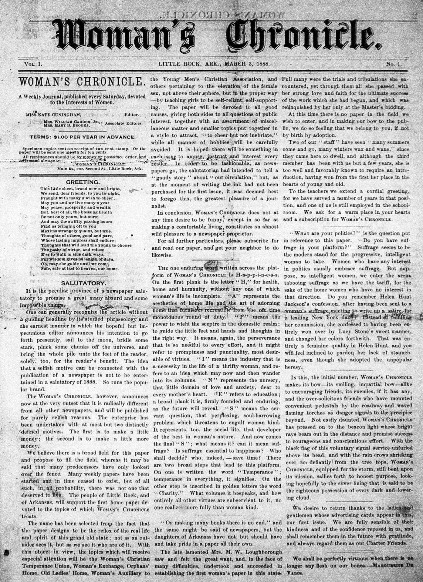 Full front page of the "Woman's Chronicle" dated March 3 1888