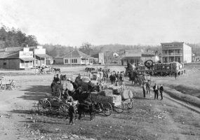 Men with horse drawn wagons loaded with cotton in town with dirt roads and buildings in the background