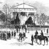 Soldiers and their supporters gathered in front of large marble building with four columns