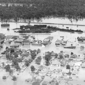 Aerial view of flooded town with trees in the distance