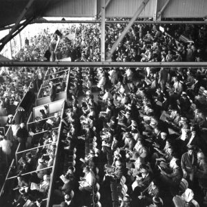 Overhead view crowd in interior stadium seating and box seats