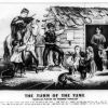 Print of white man violinist on horse dancing partner women children dogs outside cabin door sign "whisky"