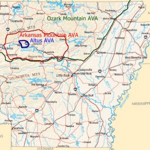 geographical map of Arkansas with "Altus AVA" "Arkansas Mountain AVA" and "Ozark Mountain AVA" designated