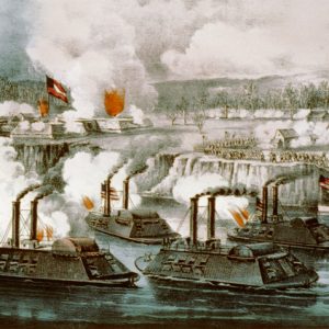 Print illustration battleships attack shoreline bunkers soldiers town on cliff  background