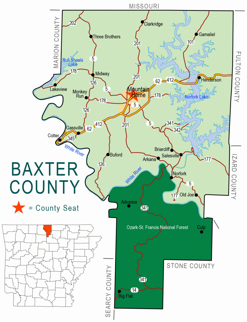 "Baxter County" map showing borders roads highways waterways national forest