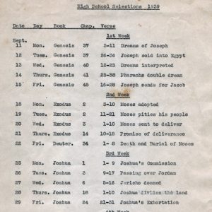 "High School Selections 1939" typed list of Bible verses with dates and descriptions of each on paper