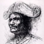 Charcoal portrait drawing of Native American man wearing necklaces and a wide antique hat decorated with stars.