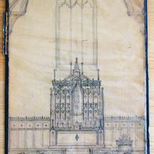 Drawing of chancel and arched stained glass window with center aisle and artist notes