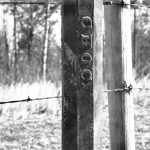 Barbed wire fence post with "Choc." written on it