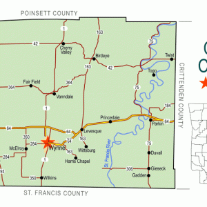 "Cross County" map with borders roads cities river