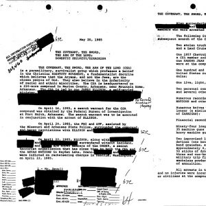 Document with censoring heading "May 20, 1985 Covenant Sword Arm of the Lord; Domestic Security/Terrorism "