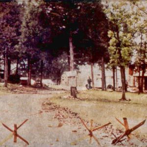 Driveway with metal barricades with trees and buildings in the background