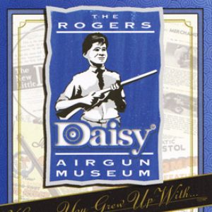 Advertisement "The Rogers Daisy Airgun Museum" with white father, sons holding toy guns illustration