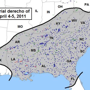 Weather map of Southeastern United States with affected area in gray with blue and green dots