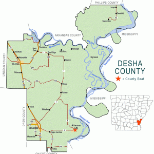 "Desha County" map with borders roads cities rivers