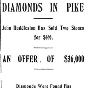 Newspaper clipping with heading "Diamonds in Pike" on Murfreesboro diamond mine discovery and sales