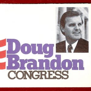 red stripes next to blue and black print "Doug Brandon Congress" with photo of white man in corner