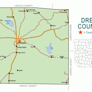 "Drew County" map with borders roads cities lakes