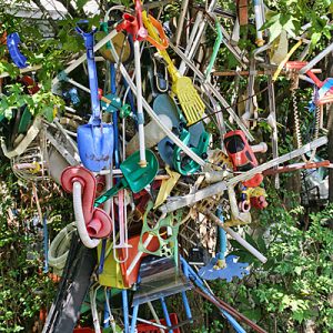 multicolored plastic gardening tools strung up with various other plastic items in tree