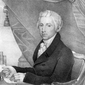 Portrait drawing white man in suit wig seated at desk holding paper