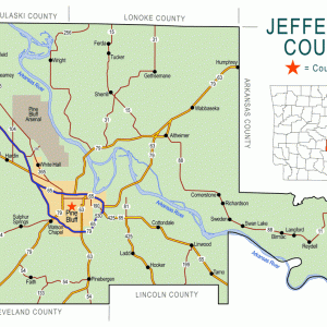 "Jefferson County" map with borders roads cities river "Pine Bluff Arsenal"