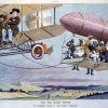 drawing of white people riding a biplane towing blimp carrying group of African American people