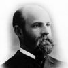 Portrait three quarter view bald white man thick beard long mustache suit and tie