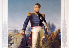 Portrait painting revolutionary war hero posing hand on rock hills forest city background ornate frame