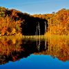 Autumn trees reflected in lake under blue skies