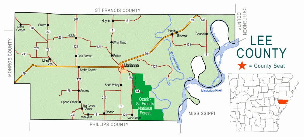 "Lee County" map with borders roads cities waterways national forest