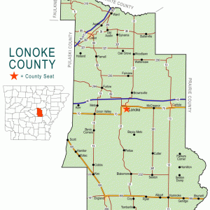 "Lonoke County" map with borders roads cities